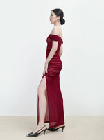 Load image into Gallery viewer, Off Shoulder Gathered Slit Gown in Red
