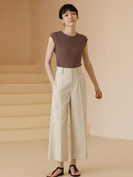 Load image into Gallery viewer, Twill Wide Leg Cropped Trousers in Beige
