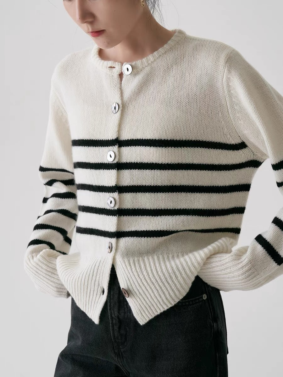 Mid Stripe Wool Cardigan in White