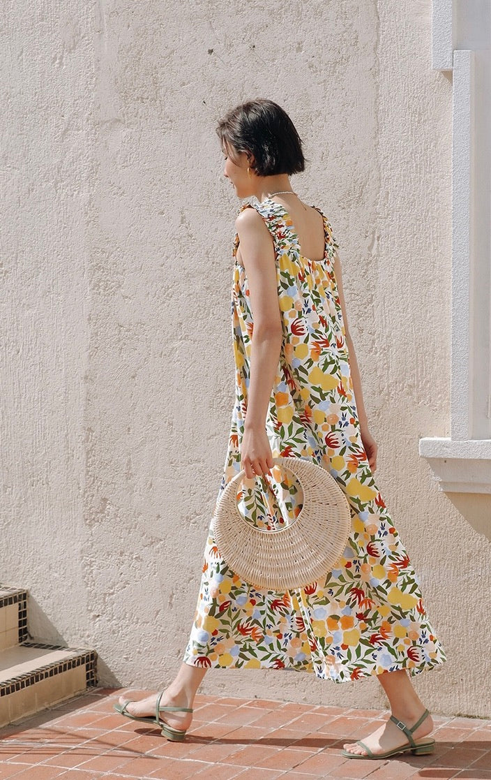 Floral Gathered Strap Maxi Dress in Multi