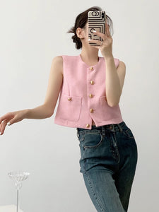 Tweed Pocket Vest Top in Pink