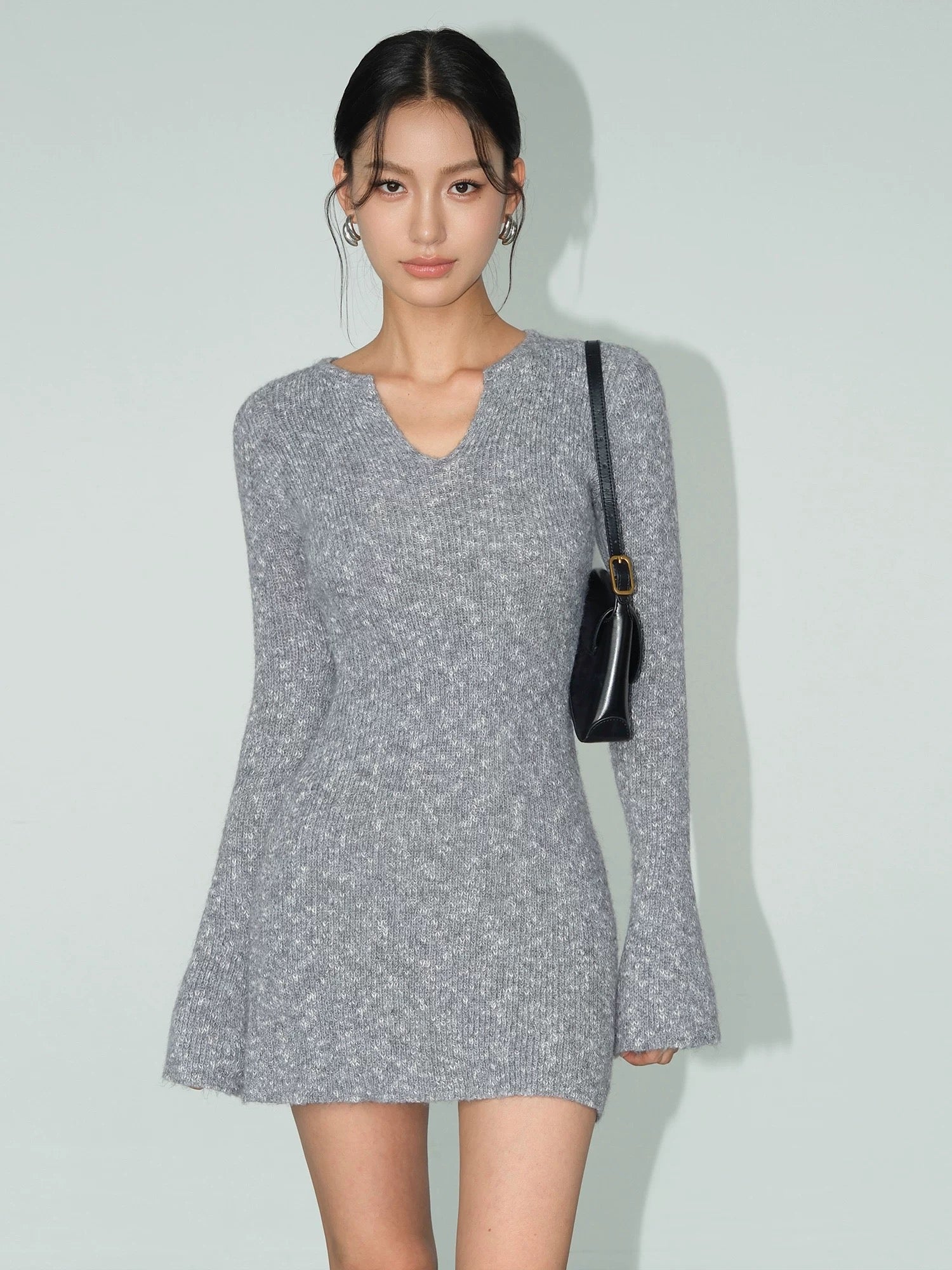 Melange Knitted Mini Dress in Grey