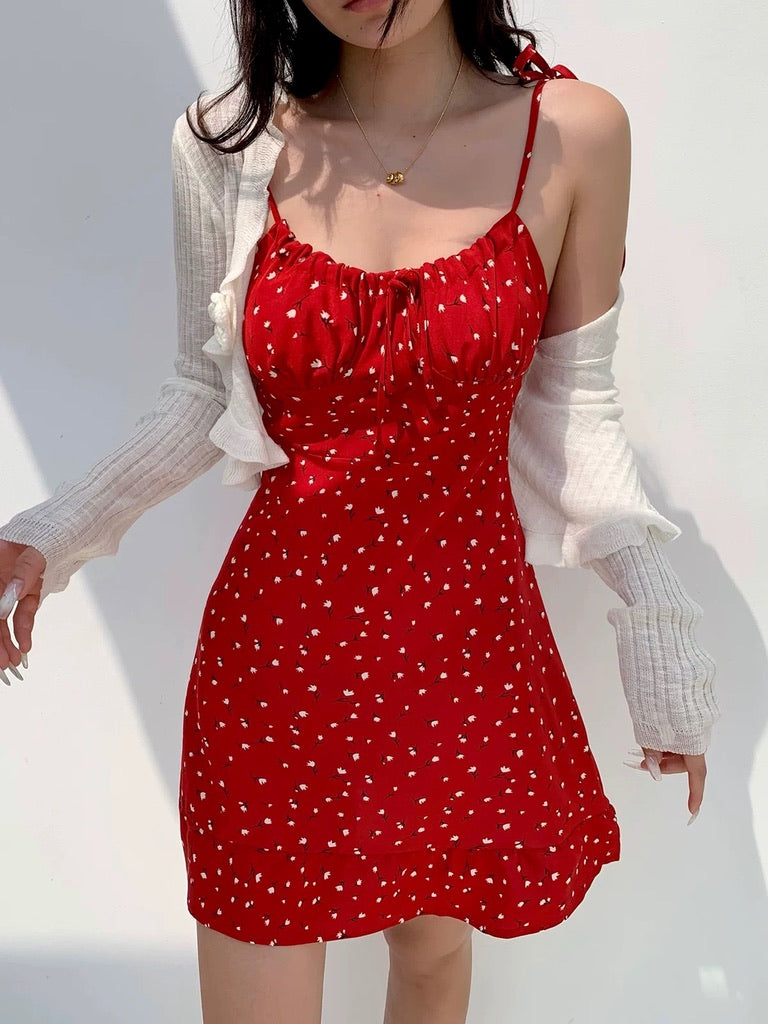 Poppie Floral Tie Strap Mini Dress in Red