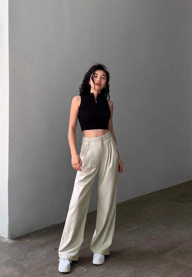 Wide Leg Relaxed Tailored Trousers in Light Khaki