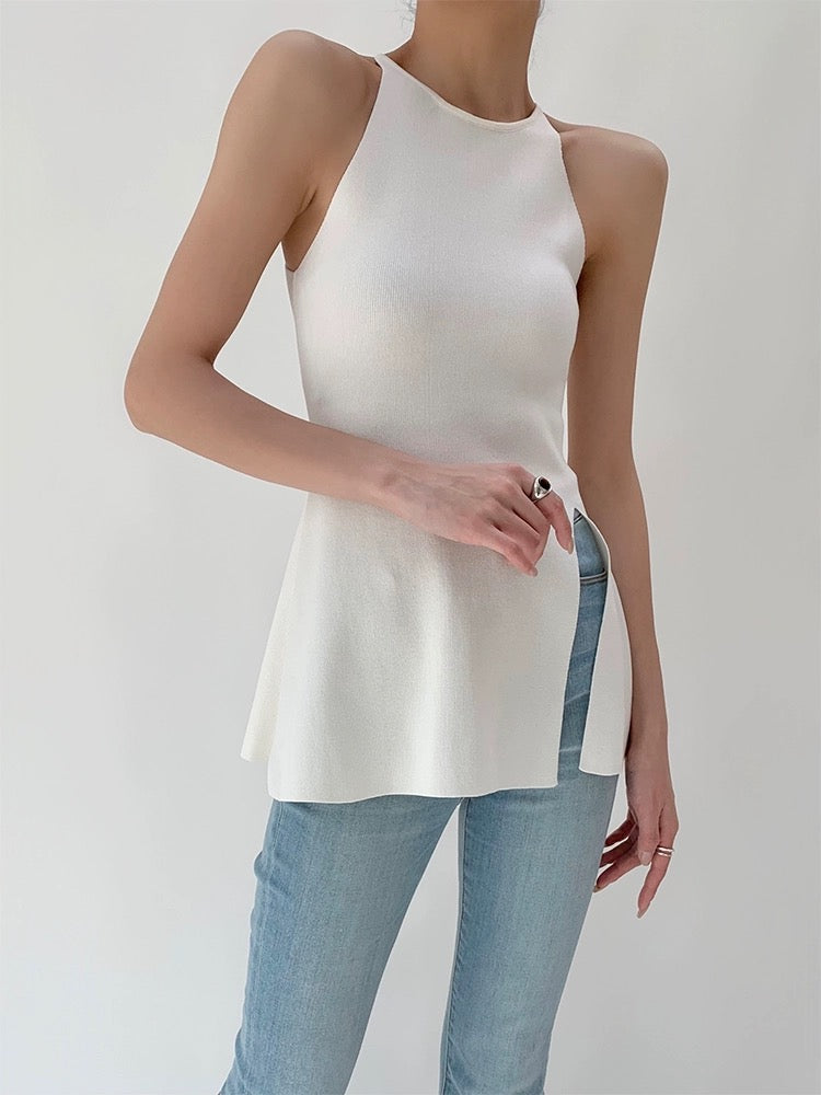 Light Knit Peplum Slit Top in White