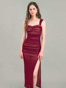 2-Way Shirring Slit Dress in Red