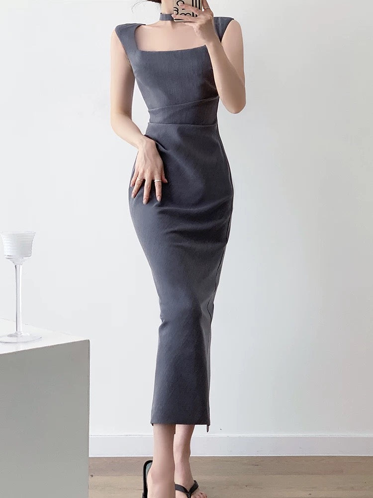 Tailored Gather Tie Back Dress in Grey