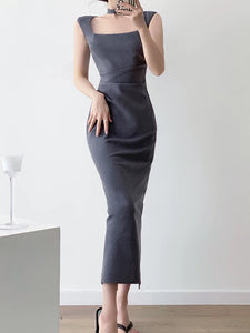 Tailored Gather Tie Back Dress in Grey