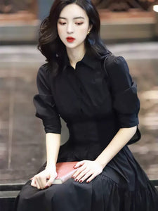 Corset Shirt Midi Dress in Black