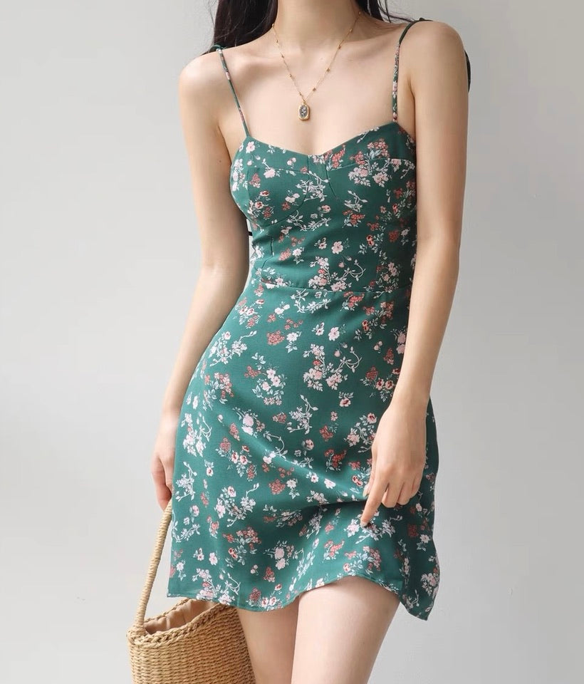 Grania Floral Tie Strap Mini Dress in Green LEXI + LOU Grania Floral Tie Strap Mini Dress in Green LEXI + LOU