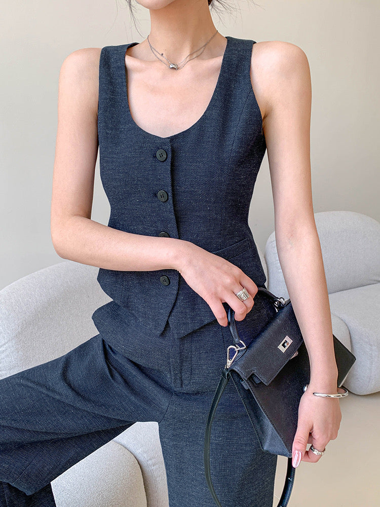 Cotton Linen Vest + Trousers Set in Navy