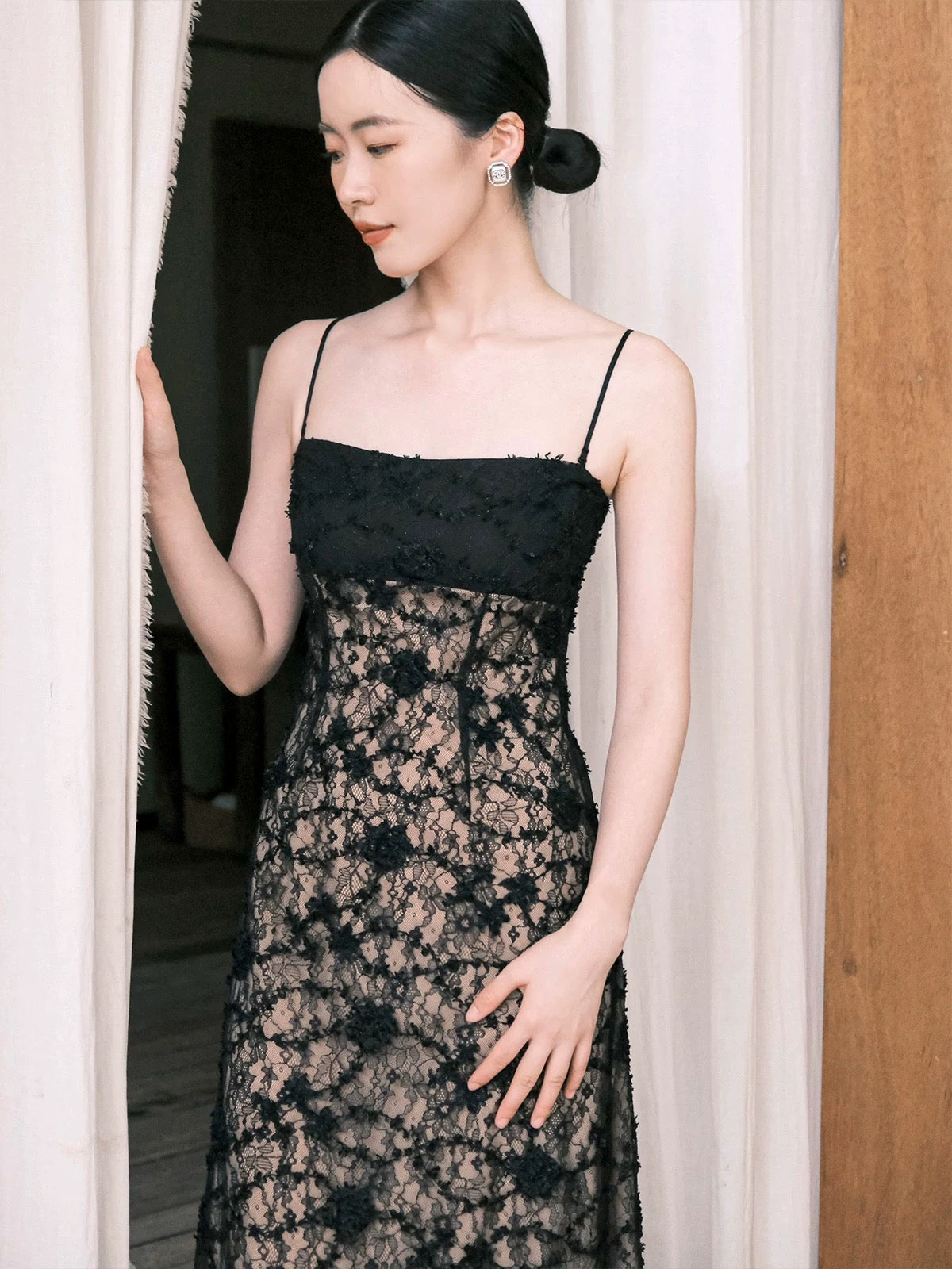 Textured Lace Cami Gown in Black