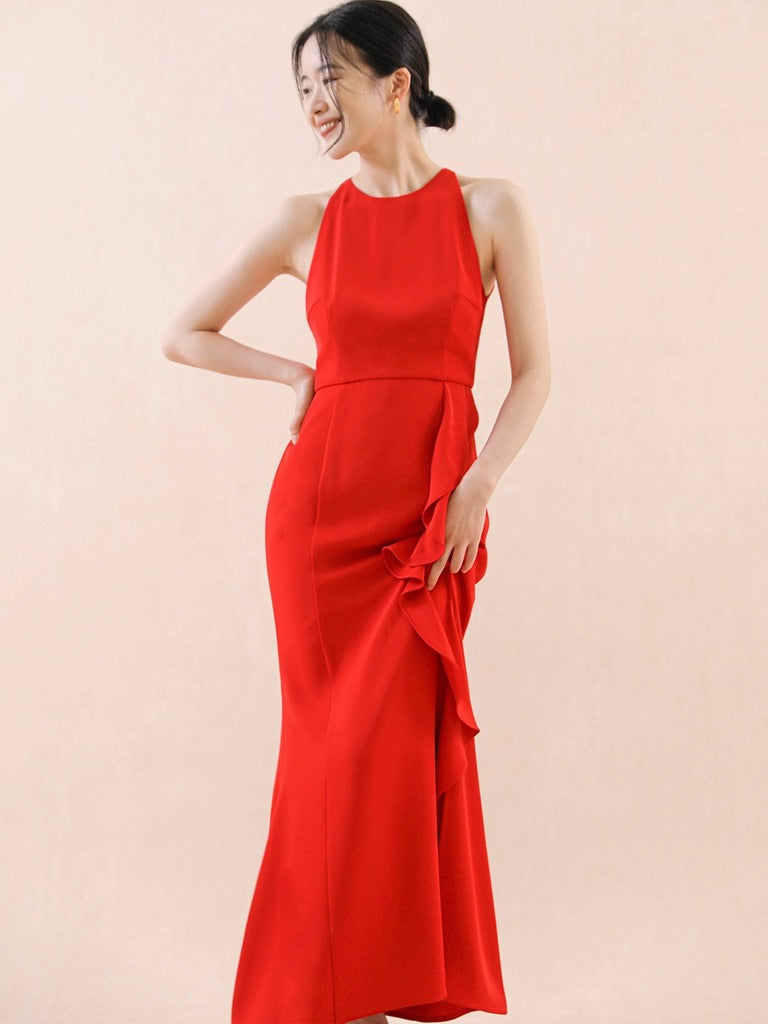 Ruffle Slit Maxi Dress in Red