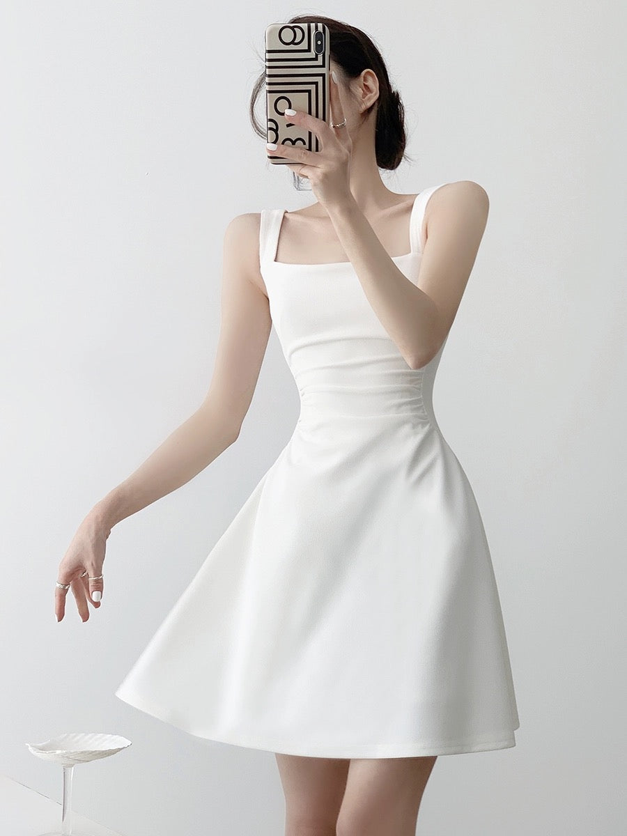 Side Gathered Flare Mini Dress in White