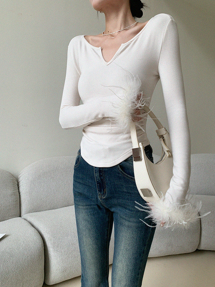 Feather Long Sleeve Top in White