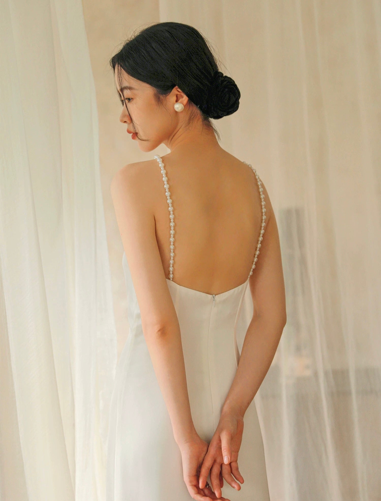 Drop Back Beaded Halter Gown in White