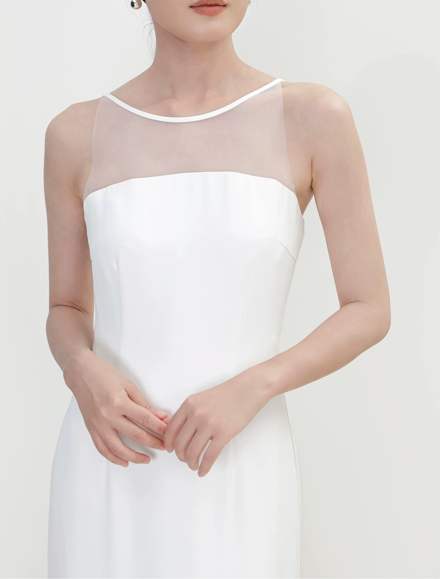 Sheer Panel Shift Gown in White