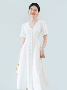 Button A-Line Midi Dress in White