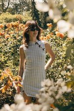 Load image into Gallery viewer, Checked Stretch Mini Cheongsam in Blue
