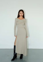 Load image into Gallery viewer, Bustier Twist Slit Maxi Dress in Greige
