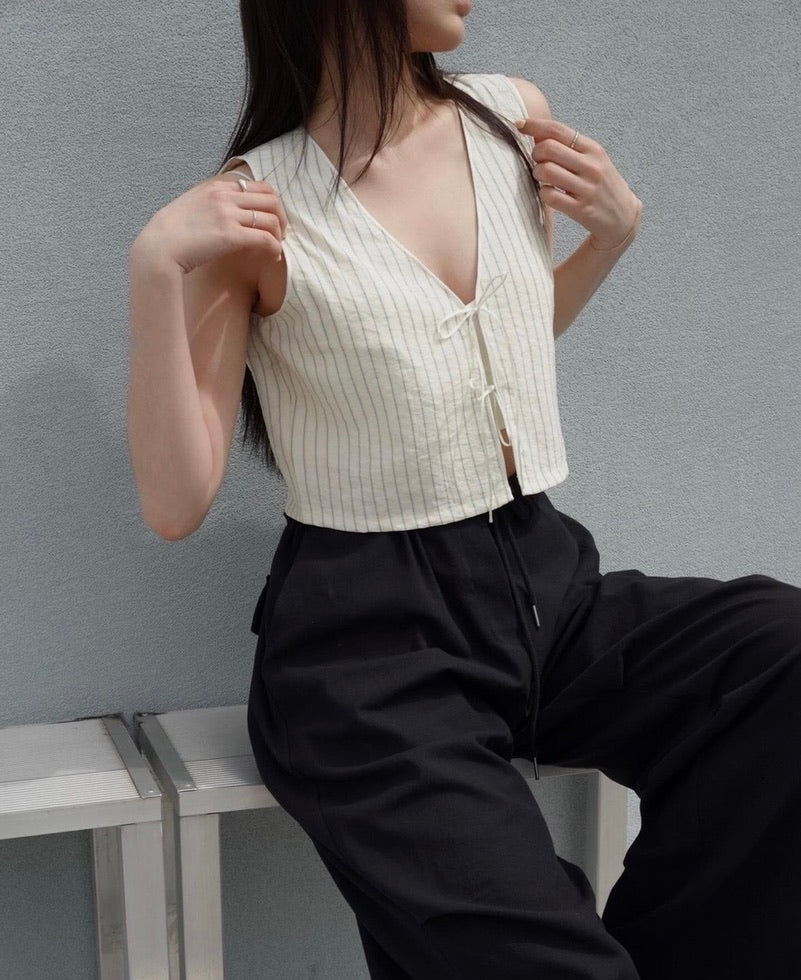 Korean Striped Ribbon Tie Top in Cream