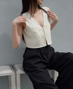 Load image into Gallery viewer, Korean Striped Ribbon Tie Top in Cream
