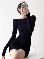 Load image into Gallery viewer, Long Sleeve Shirring Mini Bodycon Dress in Black
