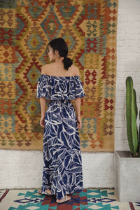 2-Way Off Shoulder Toga Printed Maxi Dress in Blue