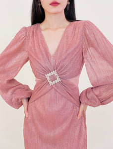 Textured Blouson Sleeve Midi Dress in Pink
