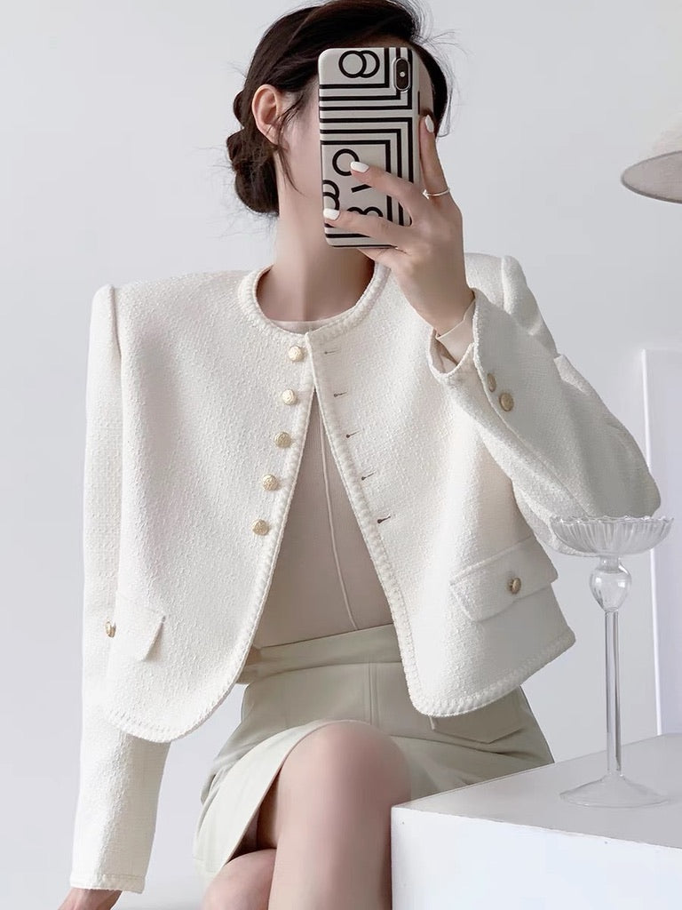 Mini Button Curve Tweed Jacket in White