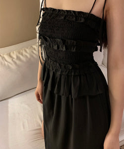 Cami Tie Ruffle Slit Dress in Black