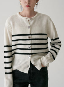 Mid Stripe Wool Cardigan in White
