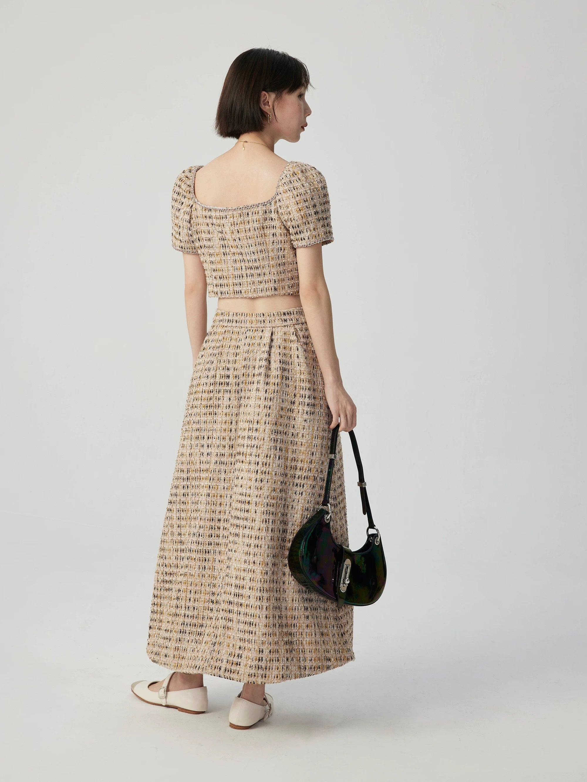 Tweed Cropped Blouse + Maxi Pocket Skirt in Khaki