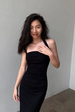 Load image into Gallery viewer, Halter Gather Midi Shift Dress in Black
