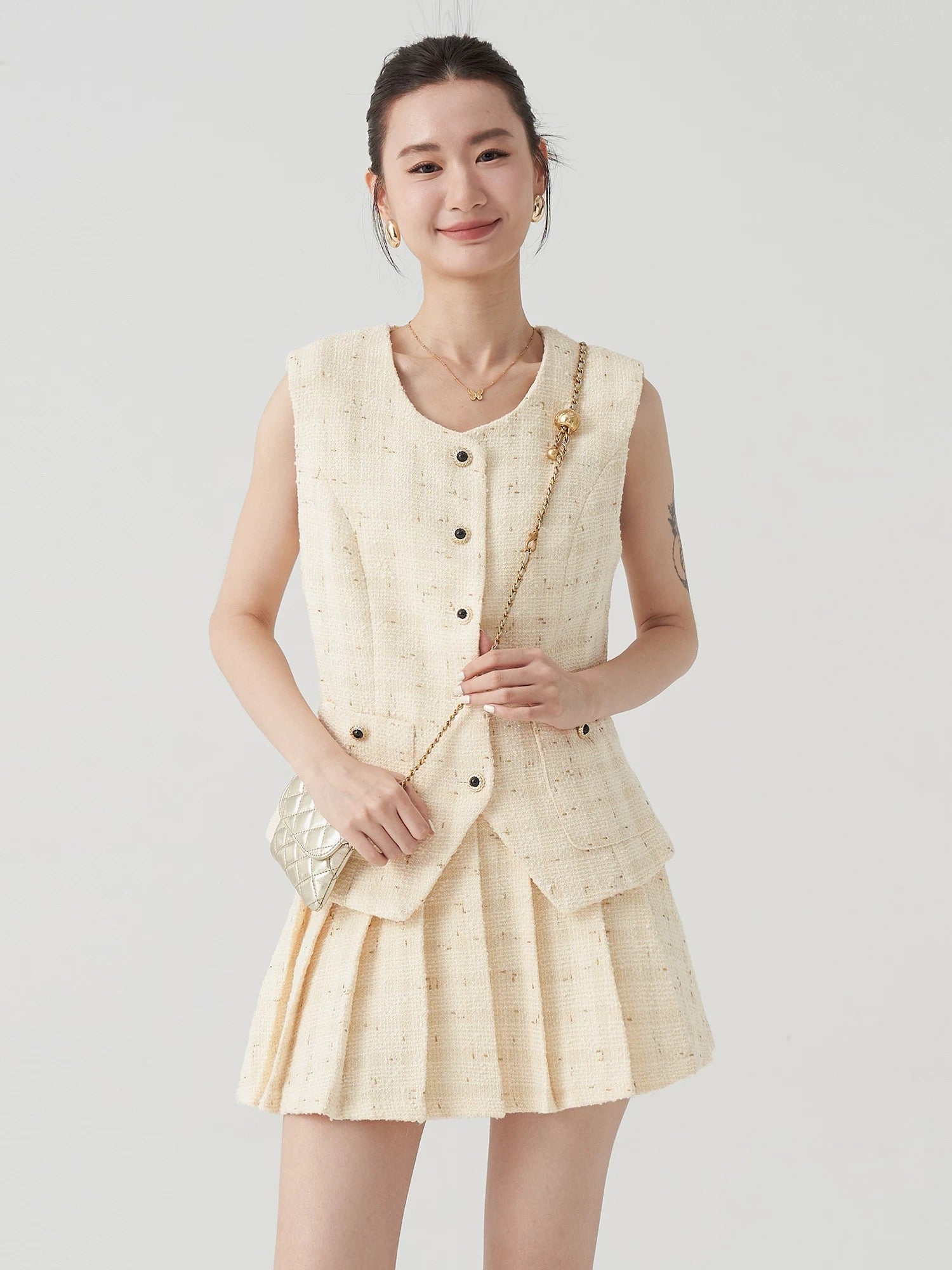 Tweed Vest Blouse + Pleated Mini Skirt in Yellow