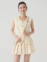 Load image into Gallery viewer, Tweed Vest Blouse + Pleated Mini Skirt in Yellow
