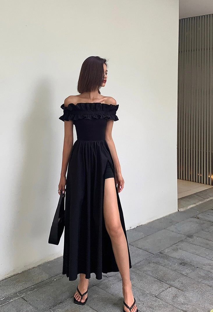 Ruffle Off Shoulder High Slit Maxi Dress in Black