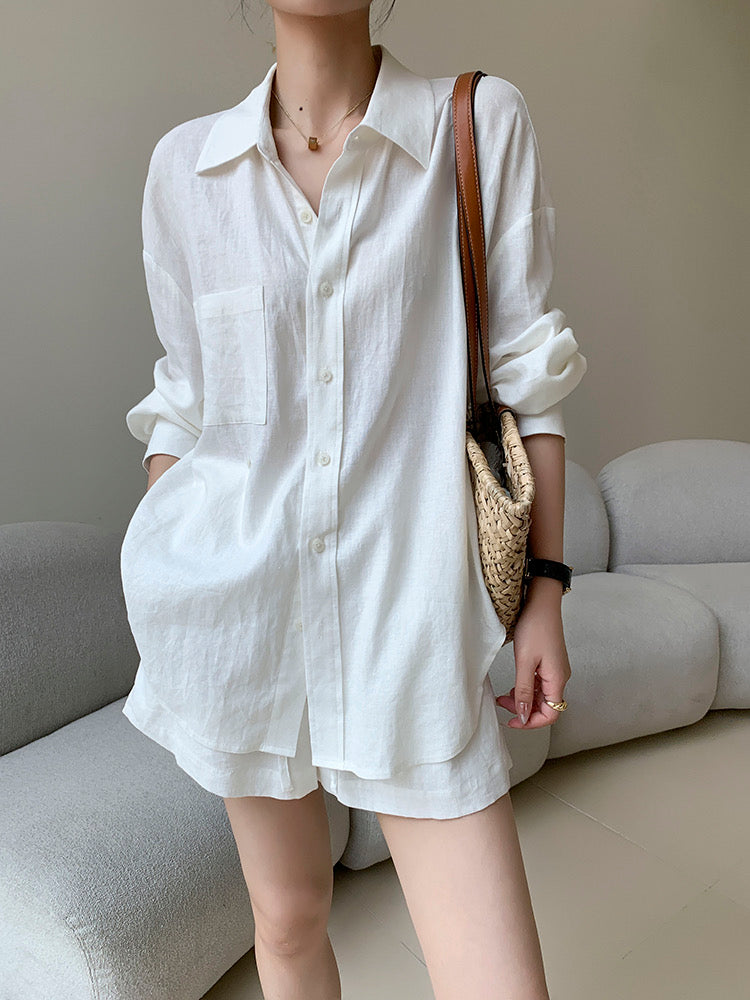 Cotton Linen Shirt + Shorts Set in White