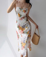 Load image into Gallery viewer, Maddalena Floral Wrap Tie Strap Slit Dress in White
