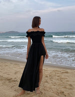 Load image into Gallery viewer, Ruffle Off Shoulder High Slit Maxi Dress in Black
