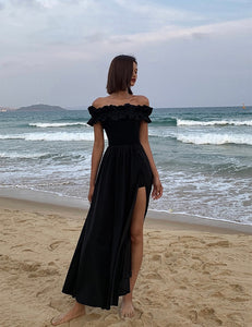 Ruffle Off Shoulder High Slit Maxi Dress in Black
