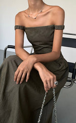 Load image into Gallery viewer, Off Shoulder Drop Waist Maxi Dress in Olive
