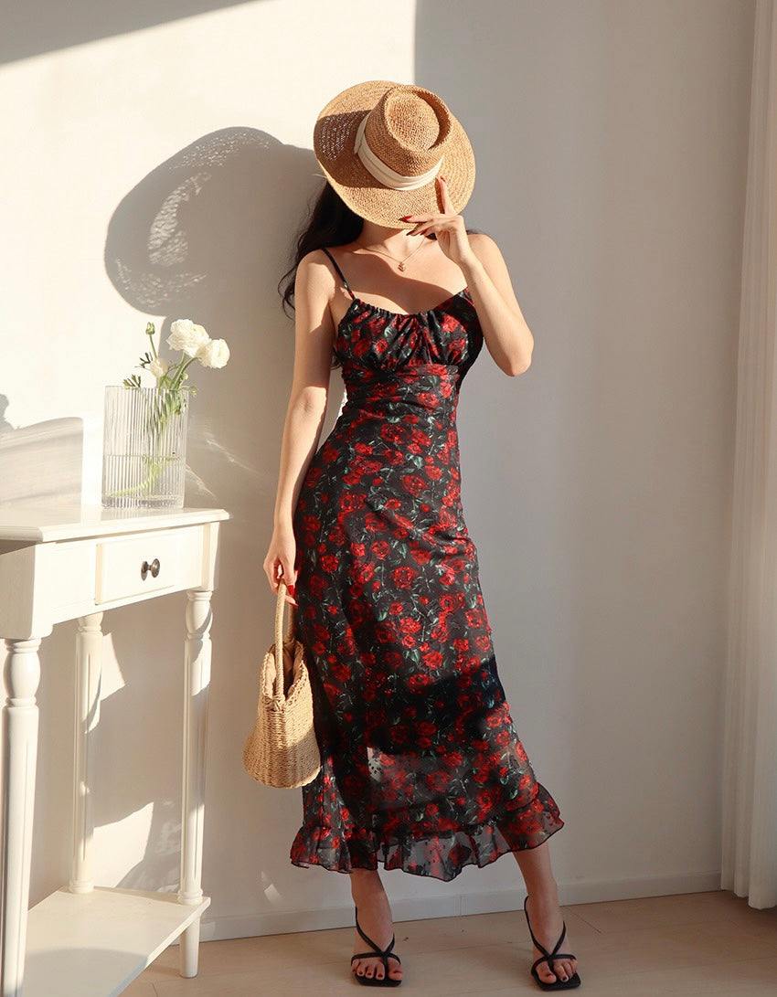 Scarlette Floral Drop Back Maxi Dress in Black/Red