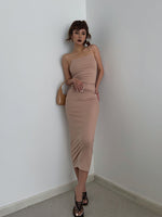 Load image into Gallery viewer, Drop Twist Back Bodycon Shoestring Dress in Tan Pink
