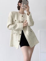 Load image into Gallery viewer, Long Tweed Fray Button Jacket in Cream
