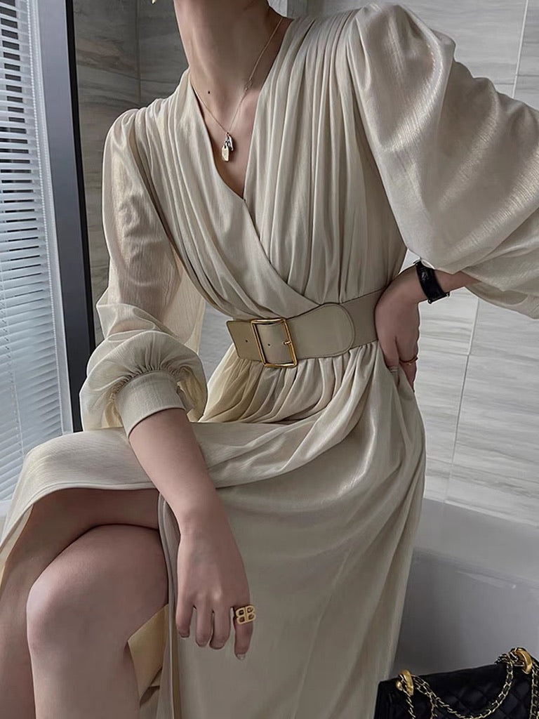 Gathered Long Sleeve Slit Dress in Champagne