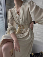 Load image into Gallery viewer, Gathered Long Sleeve Slit Dress in Champagne
