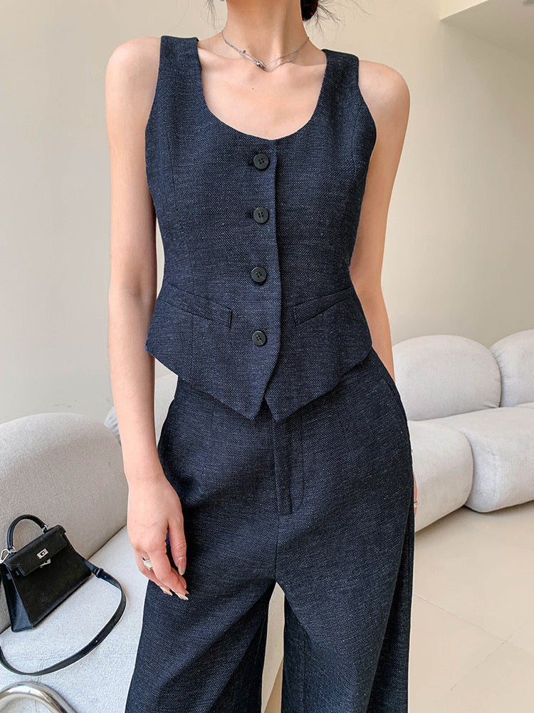 Cotton Linen Vest + Trousers Set in Navy