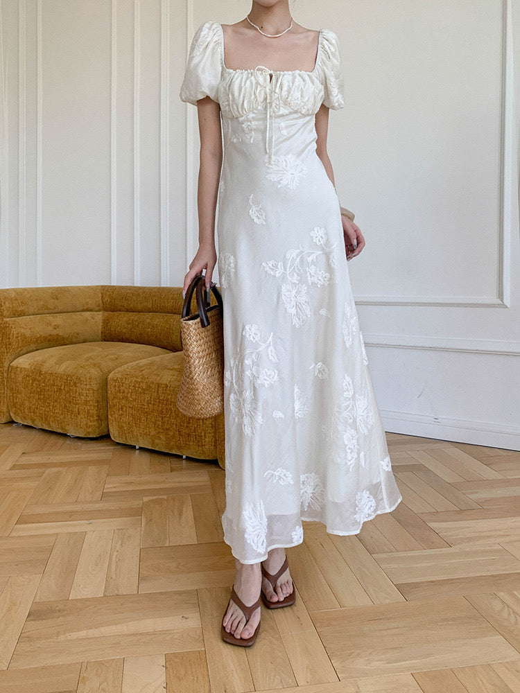 Embroidered Floral Blouson Dress in Off White