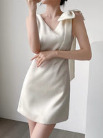 Load image into Gallery viewer, Satin Bow Pocket Mini Dress in White
